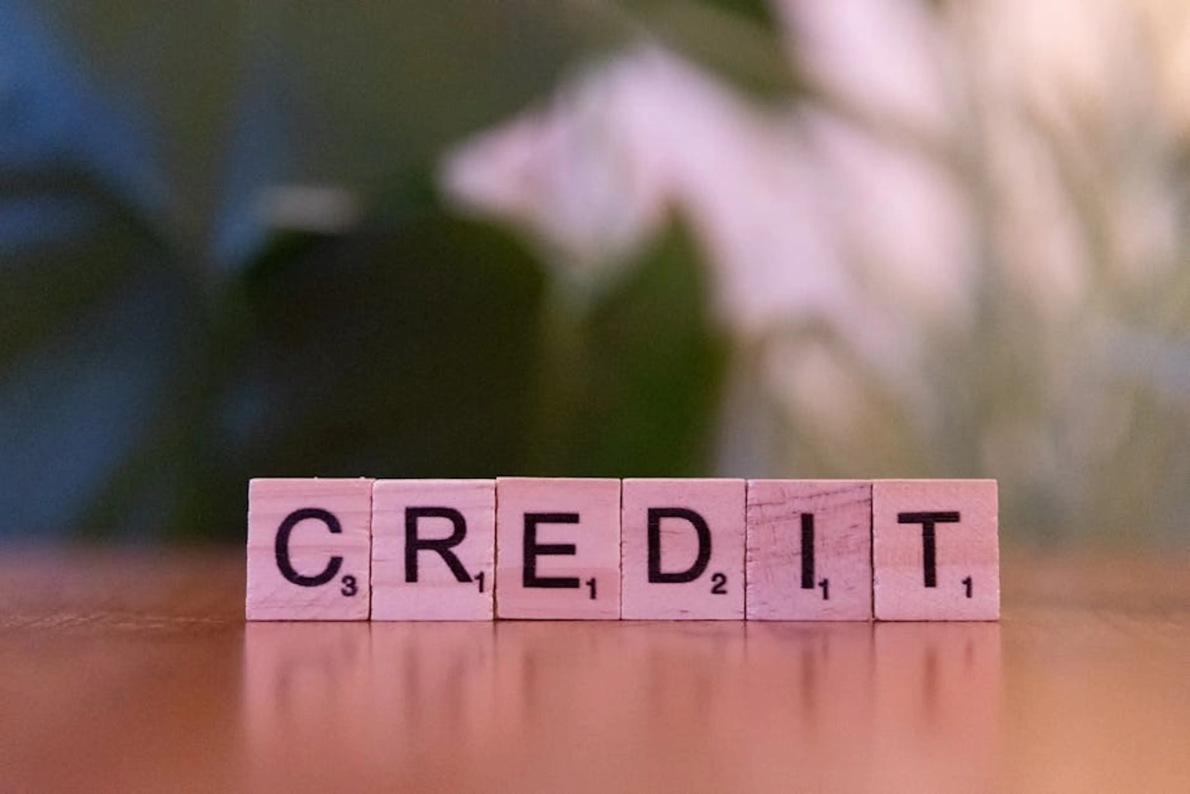 Close-up of wooden blocks spelling 'credit' with a blurred leafy background. Infographic showing the pie chart breakdown of credit score factors like payment history and credit utilization