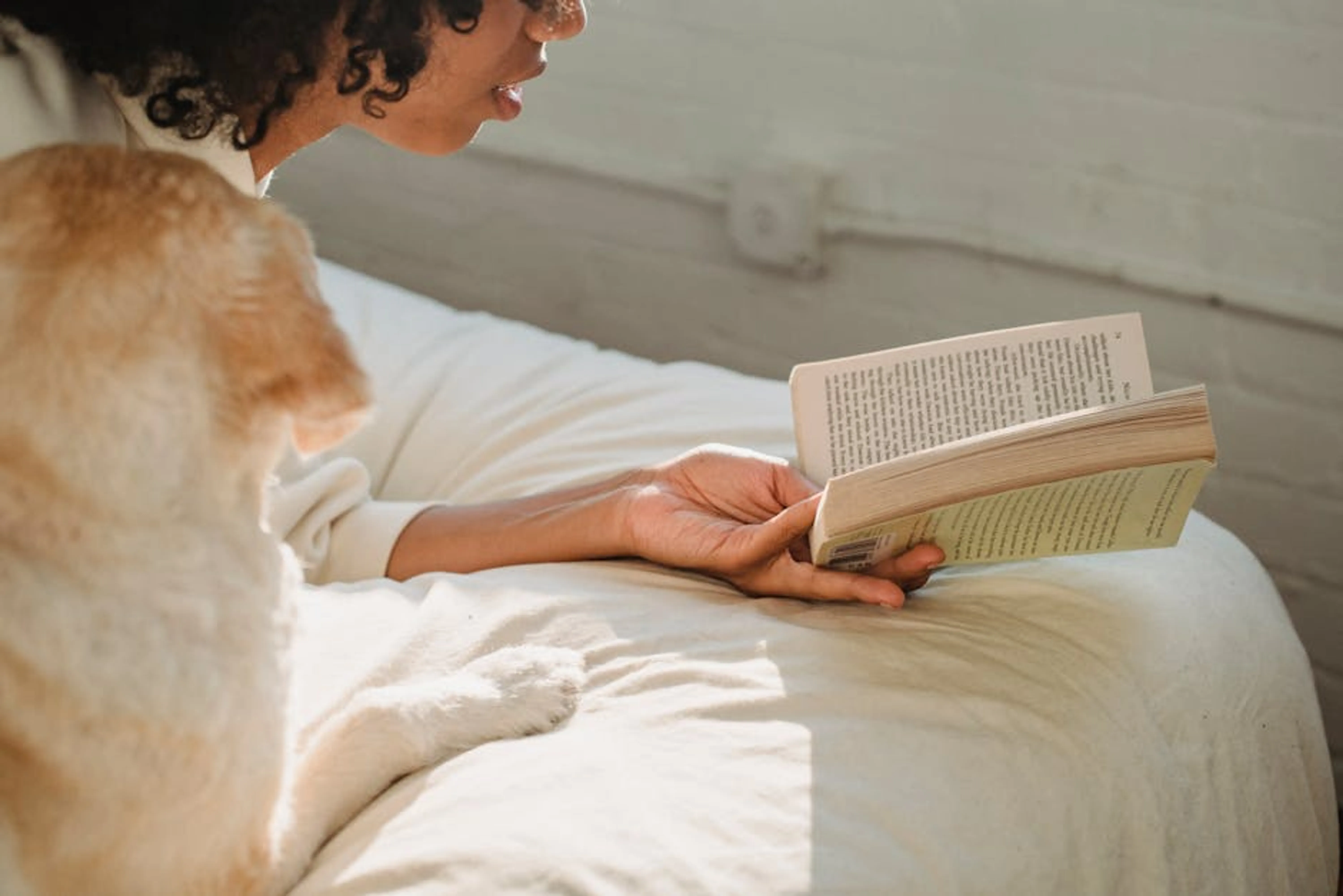 A woman reads a book with her dog in a cozy, sunlit bedroom, capturing a moment of relaxation and companionship. A happy Labrador Retriever and a Golden Retriever playing side-by-side, illustrating their friendly nature.