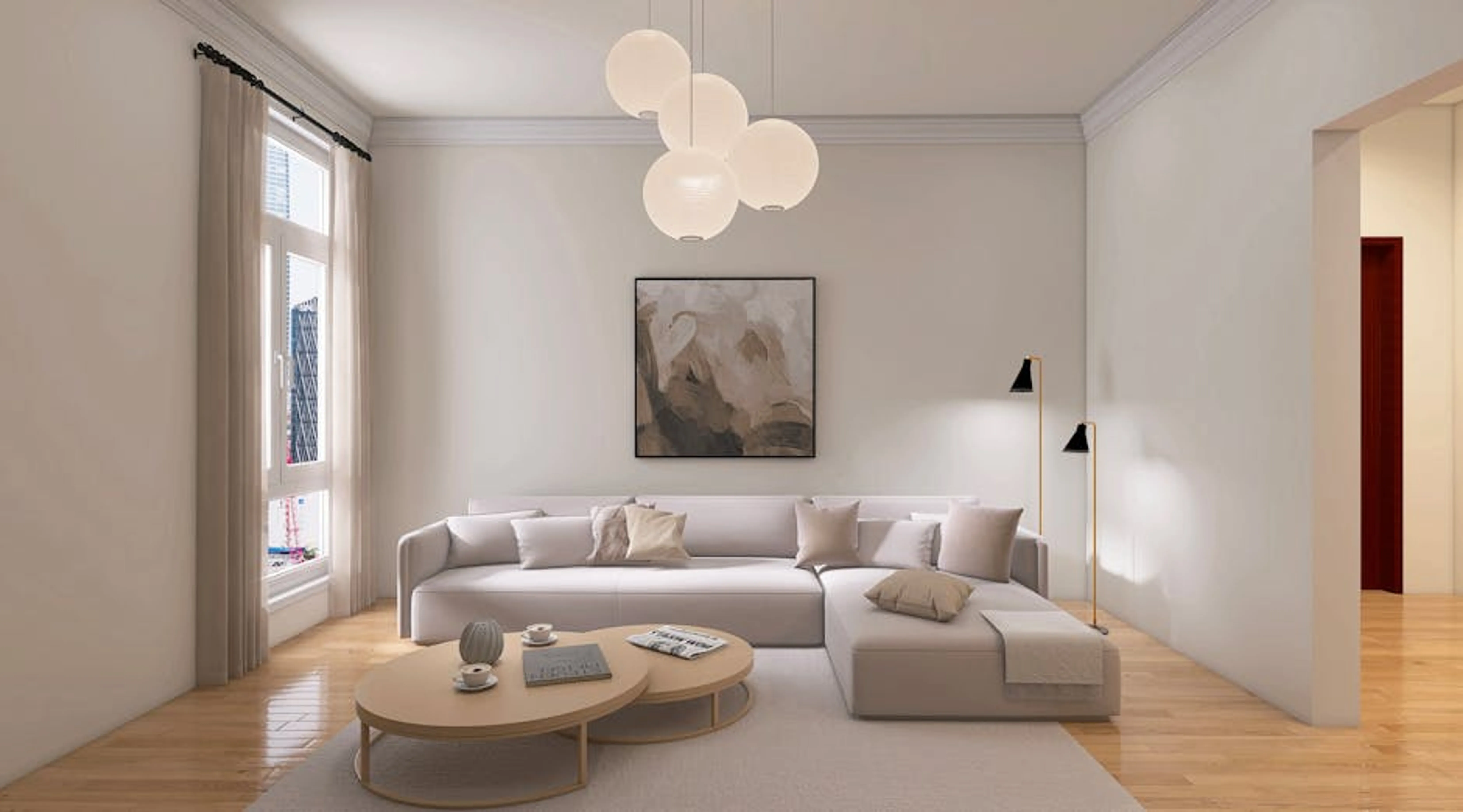 Elegant minimalist living room with neutral colors and modern decor. Room with layered lighting showcasing ambient, task, and accent lights