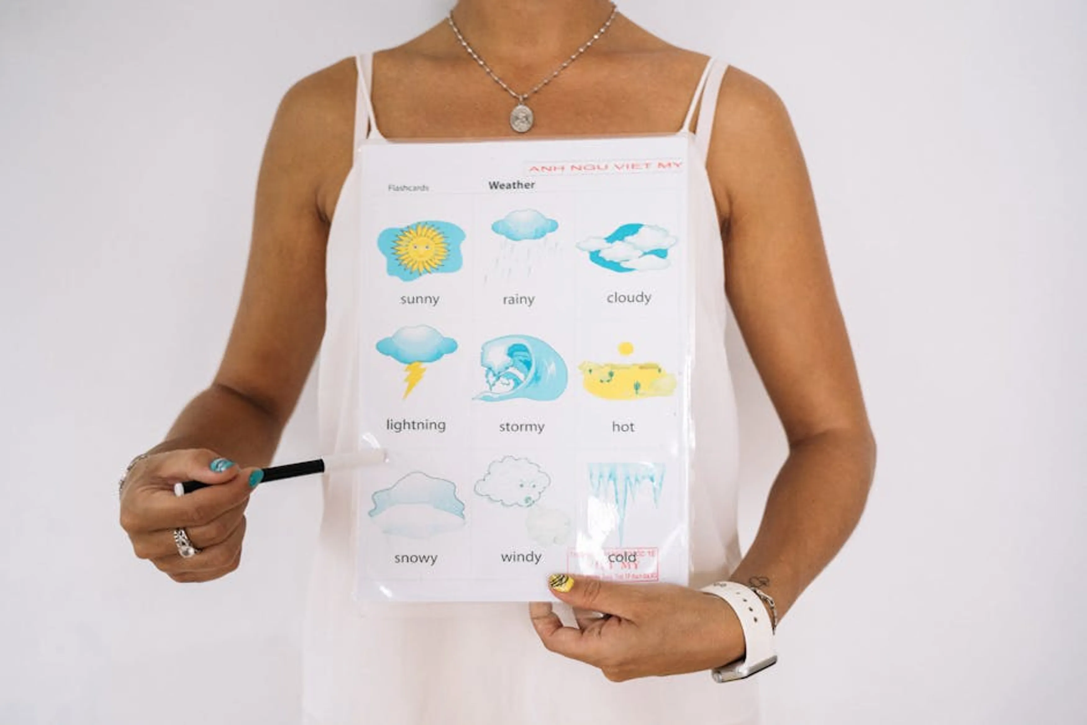 Woman holding a weather educational flashcard with various weather symbols and terms. Digital flashcards on a tablet demonstrating a spaced repetition system for vocabulary