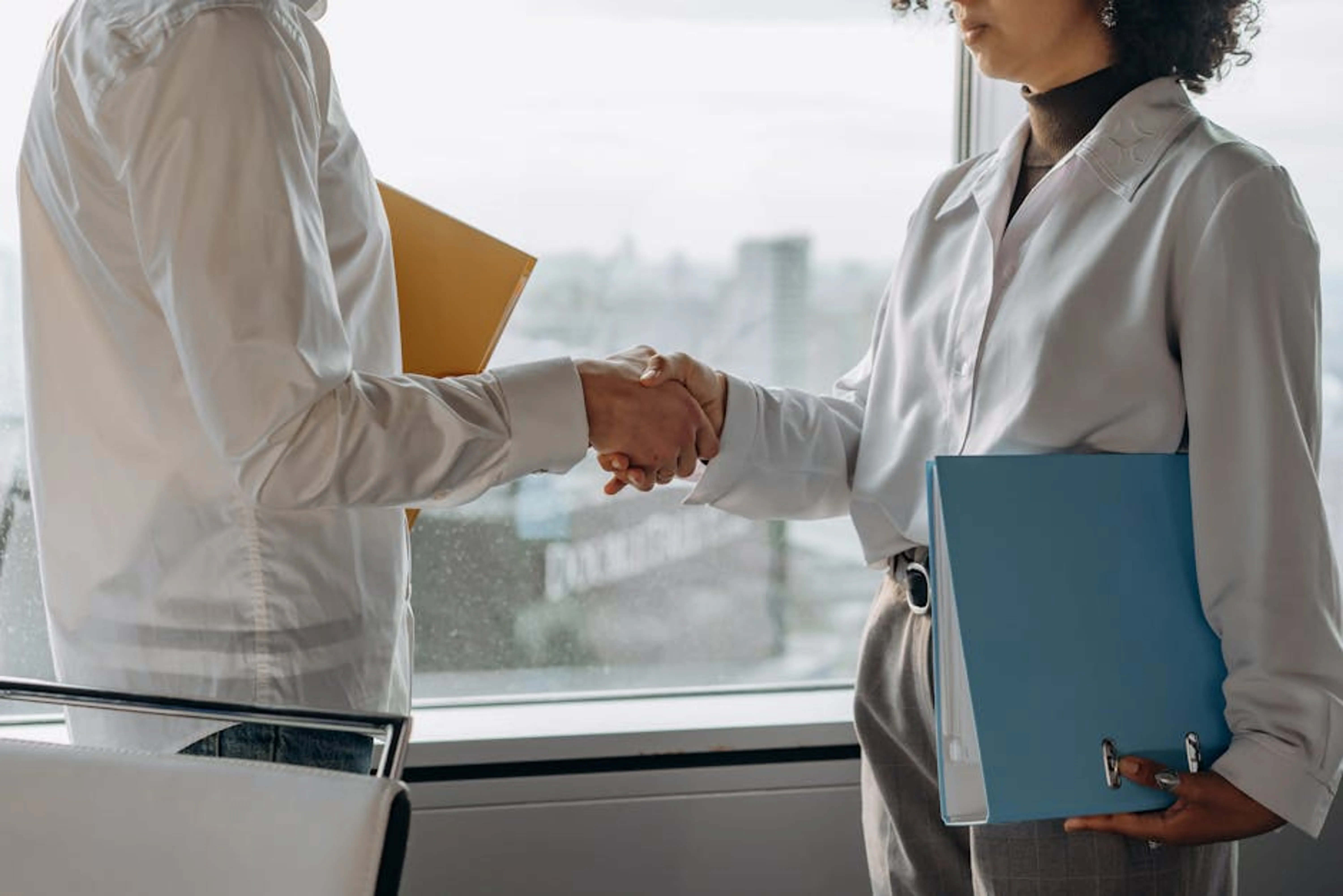 Two professionals in business attire shaking hands in an office setting with view. People collaborating respectfully in an online meeting