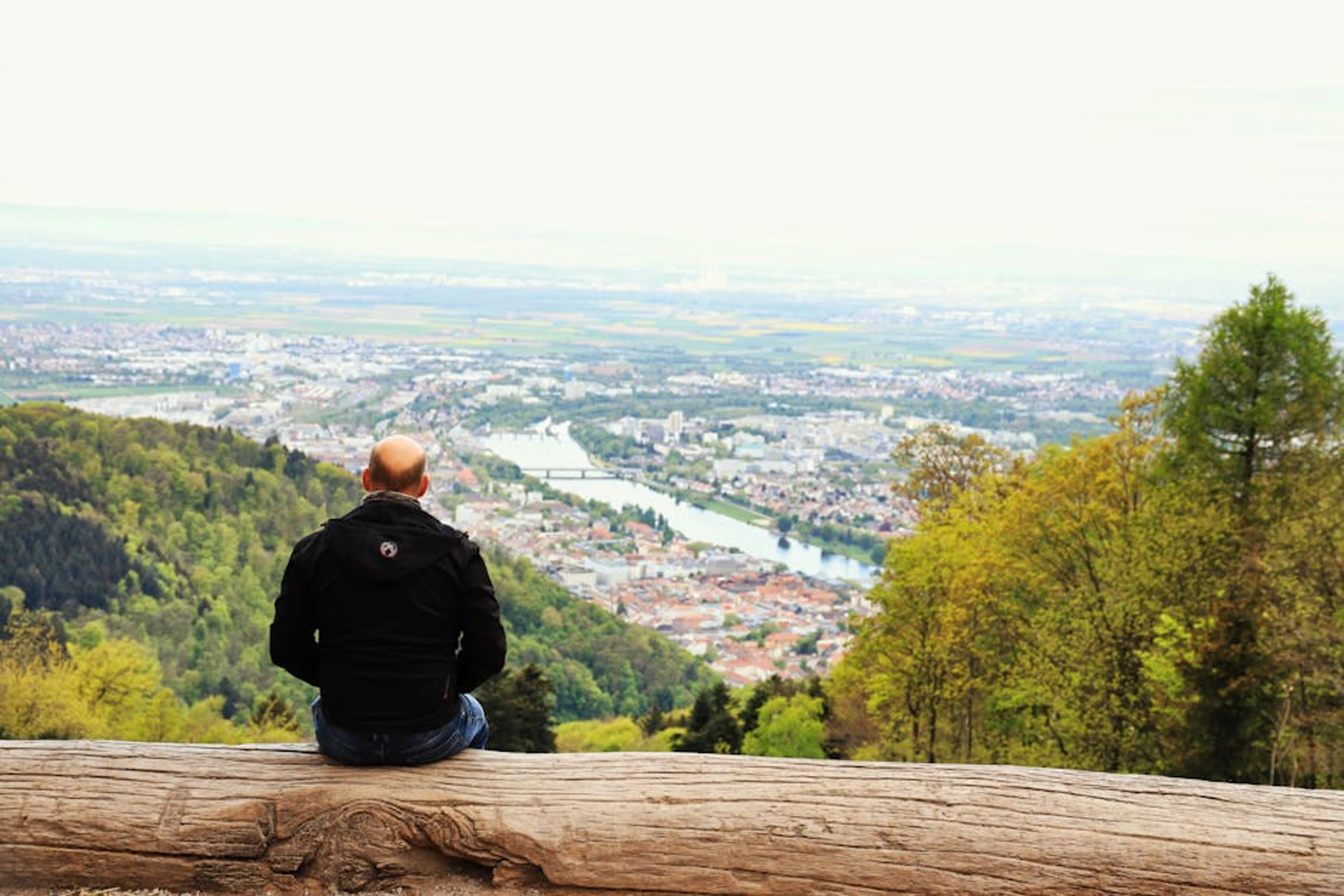 Man enjoying panoramic view of Heidelberg from a mountain top, surrounded by lush green forest. A person stands alone on a scenic overlook, symbolizing freedom and safety in solo travel